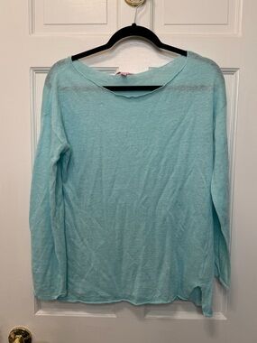 Lilly Pulitzer 100% Linen Sweater Aqua Blue Lightweight Knit Top Size Medium